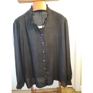 Banana Republic Black Ruffle Neck Button Front Blouse XXL Long Sleeve Semi Sheer